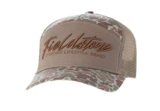 Fieldstone 7 Panel Script Logo Camo Hat